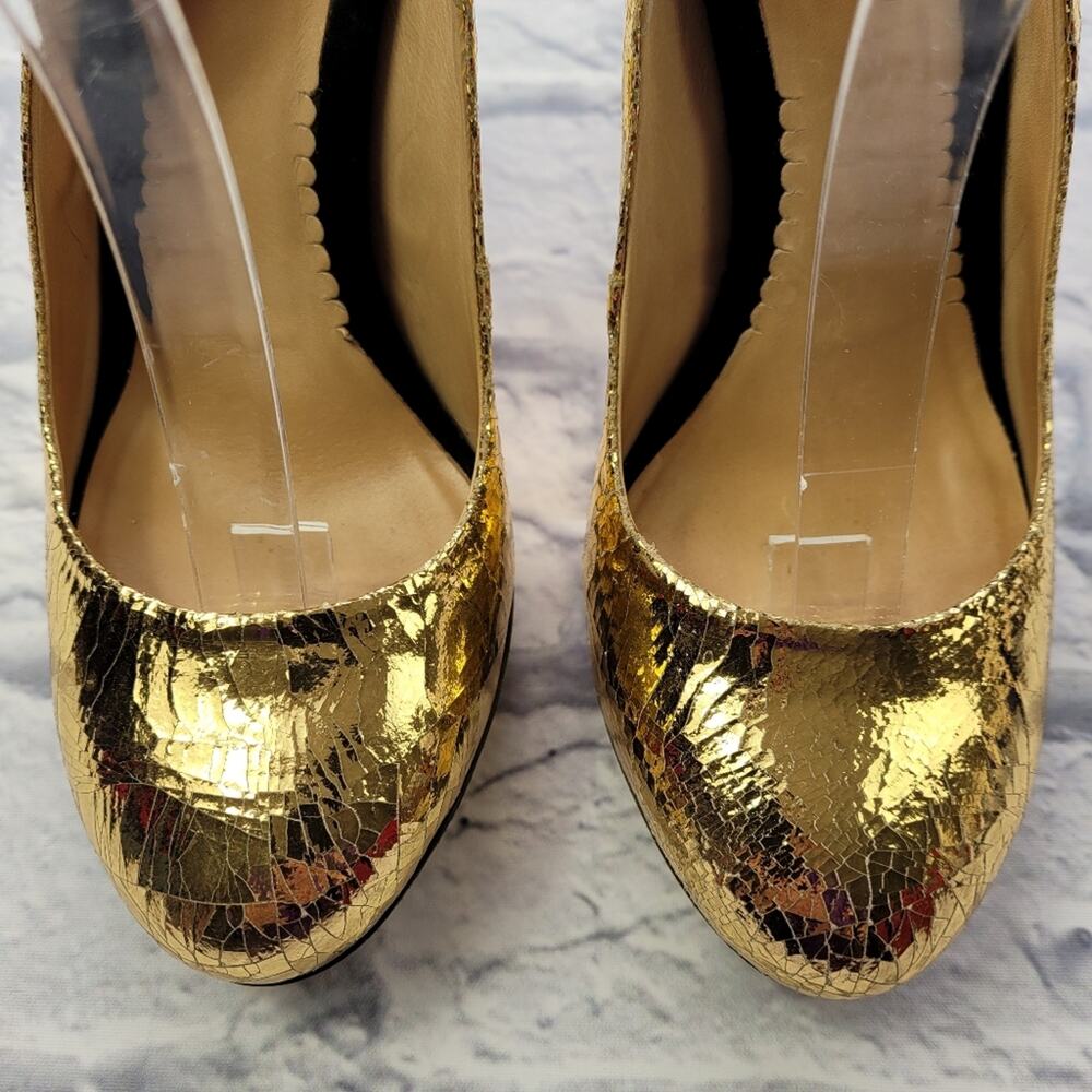 Reed Krakoff Crackled Gold Stiletto Slingback Platform Pumps size 6 1/2 - Picture 8 of 16